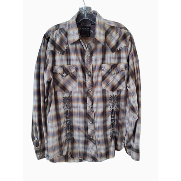 Roper Brown Plaid Cotton Embroidered Square Pearl Snap Western Shirt Sz M - Picture 1 of 5